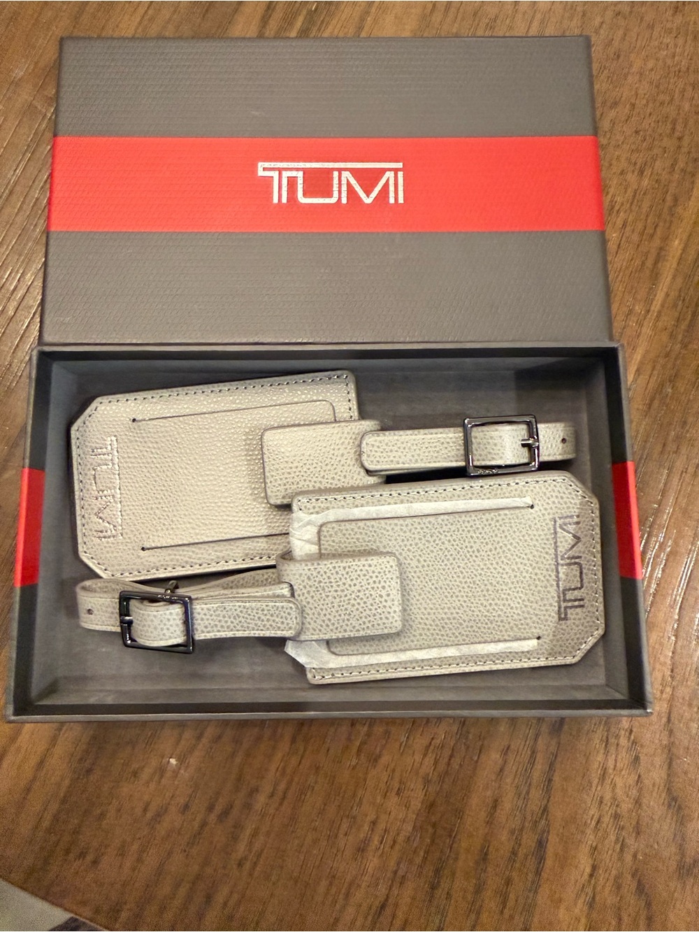 Tumi Gray Leather Luggage Tag Pair with Buckle Straps